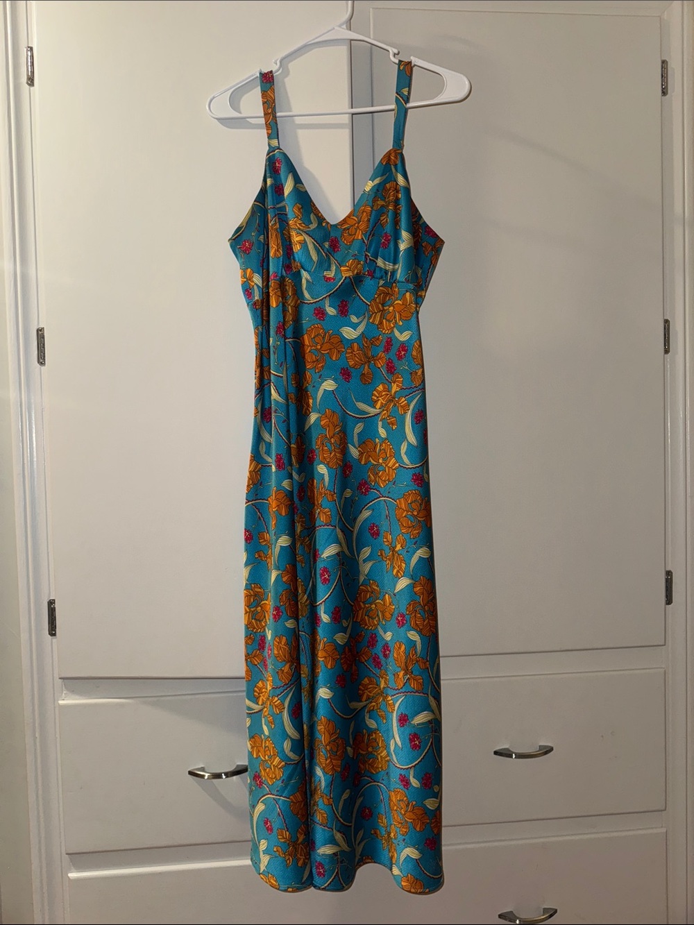 Turquoise Floral Midi Slip Dress with V-Neckline